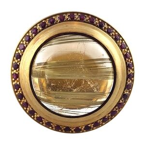 18K Yellow Gold Rutilated Quartz & Natural Ruby Halo Style Ring Size 7 #19024